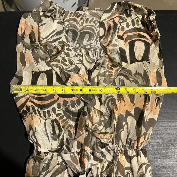 Charlie Jade 100% Silk Dress Tie Waist Ruffle Zip Front Abstract Pockets Size M - Picture 11 of 14